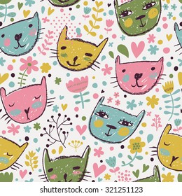 Lovely childish seamless pattern with cats and flowers in bright colors. Seamless pattern can be used for wallpaper, pattern fills, web page backgrounds, surface textures