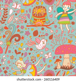 Lovely childish seamless pattern with fairies, mushrooms, birds and flowers. Spring floral vector background can be used for pattern fills, web page backgrounds, surface textures