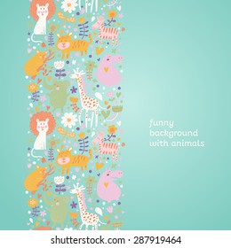 Lovely childish seamless pattern with lion, tiger, zebra, hippopotamus, koala and elephant. Can be used for pattern fills, web page backgrounds, surface textures. Great for children bedroom wallpaper