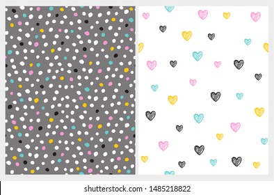 Lovely Childish Style Vector Pattern Set. Colorful Tiny Dots on a Pink Background. Pnk, Blue, Yellow and Black Skteched Hearts Isolated On a White Layout. Cute Simple Geometric Design.