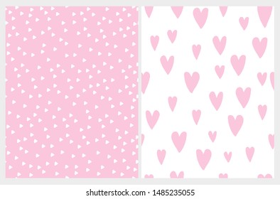 Lovely Childish Style Vector Patterns. White Tiny Triangles on a Pink Background. Pink Hearts Isolated On a White Layout. Simple Geometric Seamless Print Ideal for Fabric, Textile, Wrapping Paper.