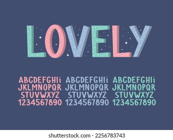 Lovely Childlike Alphabet. Cute kids font. English letters and numbers from 0 to 9.	
