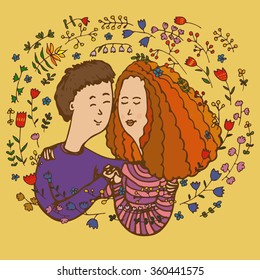 Lovely childlike hand drawn image of a couple surrounded with a floral wreath. Special picture for Valentine day and other holidays for two. Can be also used in other purposes.