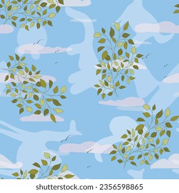 A lovely childlike view as seen from laying in the grass under a tree watching the clouds roll by creating this vector repeat seamless pattern design.