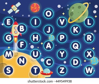 Lovely children activity play placemat rug for alphabet learning game with outer space background, lonely planets, stars, space ships and satellite.