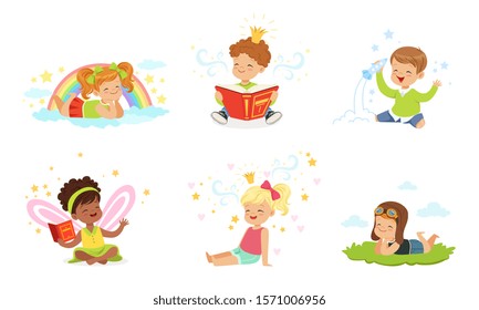 Lovely children read and dream. Vector illustration.