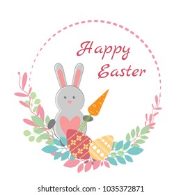 Lovely children's card for the feast of Easter.  Rabbit with carrot  surrounded by Easter eggs and plants.  Vector illustration