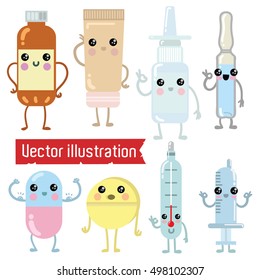 Lovely children's characters on the theme of Medicine (jar, cream, nasal drops, ampoule, capsule, tablet, thermometer, syringe). Vector illustration.