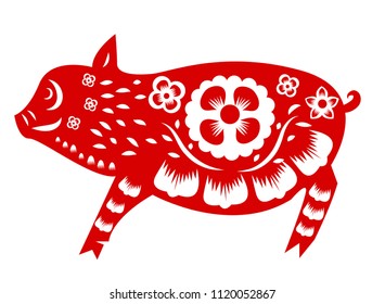 lovely, Chinese Zodiac Sign Year of Pig,Red paper cut pig,Happy Chinese New Year 2019 year of the pig