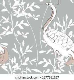 Lovely chinoiserie vectorial digital patter, with white floral plants, white heron on blue background. All are digital illustration.