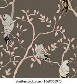 Lovely chinoiserie vectorial digital pattern with blue birds on pink branches and brown background. All illustration are digital.