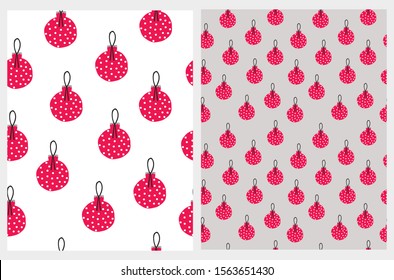 Lovely Christmas Bauble Seamless Vector Patterns. Christmas Tree Decoration Print. Red Dotted Baubles Isolated on a White and Light Gray Background. Cute Hand Drawn Christmas Repeatable Design.