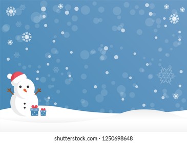 Lovely Christmas blue winter background with a snowman and presents