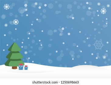 Lovely Christmas blue winter background with a tree and presents