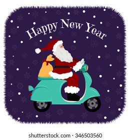 Lovely Christmas card - santa driving motorcycle, delivery the gifts. Happy New Year, Merry Christmas design. On the blue background snow and set of snowflakes. Vector illustration.