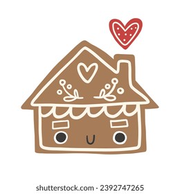 Lovely Christmas gingerbread house decorated with icing. Cartoon gingerbread house cookies for Christmas. Happy Holidays - Merry Christmas and Happy New Year. Cute Vector print.