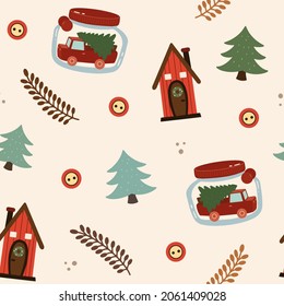 Lovely Christmas and New Year concept seamless pattern for winter holidays ornaments in bright colors. Stylish winter natural background in vector. Fir trees