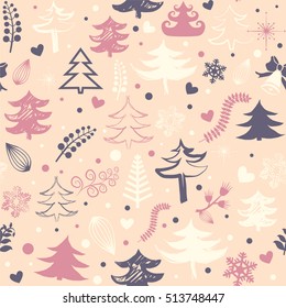 Lovely Christmas and New Year concept seamless pattern for winter holidays ornaments in gentle colors. Fir trees in stars and snowflakes