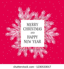 Lovely Christmas and New Year's Eve Card. Tiny White Dots on a Red Background. White Christmas Tree Branches. Gray Frame with Dark Gray Text Inside. Bright Delicate Design. White Winter Illustration.
