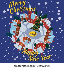 Lovely Christmas, New Year's greeting card, winter, houses, snow, cartoon style, vector, banner, illustration