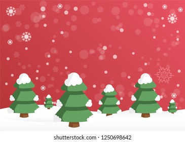 Lovely Christmas red winter background with a forest covered in snow