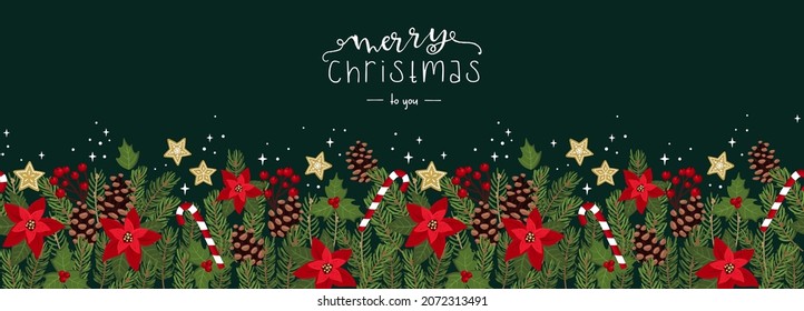 Lovely Christmas seamless pattern with branches, flowers and decoration, cute and festive background, great for textiles, wrapping, banners, wallpapers - vector design