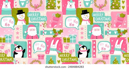 Lovely christmas seamless pattern, cute characters and decoration, great for wrapping paper, textiles, banners, wallpapers - vector design