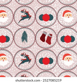 Lovely christmas seamless pattern, cute characters and decoration with snowy textured background, great for wrapping paper, textiles, banners, wallpapers - vector design