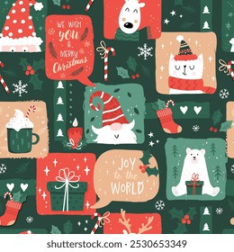 Patrón inconsútil de la Navidad preciosa, personajes lindos y decoración, ideal para envolver el papel, textiles, Anuncios, Fondos de pantalla - diseño de Vector