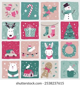 Lovely christmas seamless pattern, cute characters and decoration, great for wrapping paper, textiles, banners, wallpapers - vector design