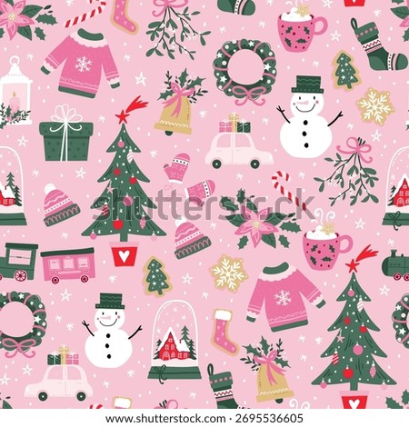Lovely christmas seamless pattern, cute characters and decoration, great for wrapping paper, textiles, banners, wallpapers - vector design