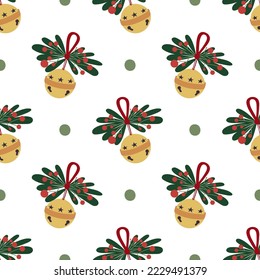 Lovely Christmas seamless pattern with golden sleigh bells, mistletoe, and berries. 