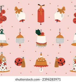 Lovely Christmas seamless pattern with golden sleigh bells, ribbon, bow. Cute Winter holiday background for postcard, print, fabric, wrapping paper, wallpaper, textile, cover