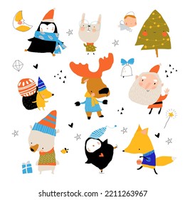 Lovely Christmas Set in Cartoon Style with Cute Animals
