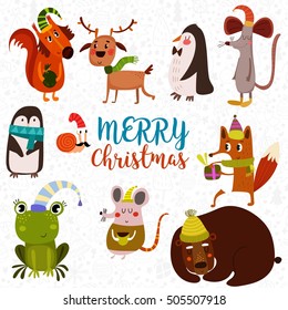 Lovely Christmas set in cartoon style. Funny card with cute animals: squirrel, fox, deer,frog, rat, mouse, bear,penguin and snail.- stock vector