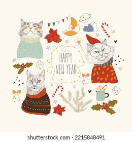 Lovely Christmas Set with Cute Cats wearing Winter Sweaters