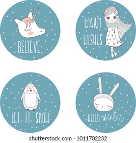 Lovely Christmas stickers with holiday inscriptions and illustrations.
