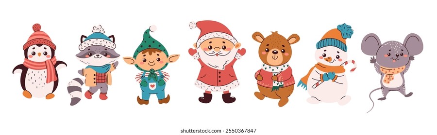 Conjunto de objetos de vector de color plano de símbolos de Navidades encantadoras. Animales del bosque con el elfo de Santa y el Paquete de la ilustración del muñeco de nieve en el fondo blanco