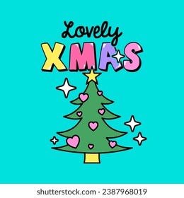 LOVELY CHRISTMAS TEXT, ILLUSTRATION OF A CHRISTMAS TREE WITH HEART ORNAMENTS AND A STAR ON THE TOP, SLOGAN PRINT VECTOR