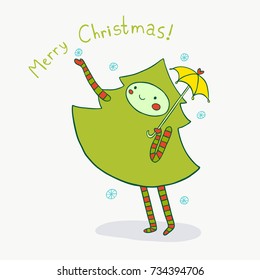 Lovely Christmas tree enjoys winter snow. Cute holiday illustration.