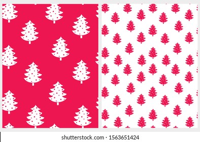 Lovely Christmas Tree Seamless Vector Patterns. Christmas Tree Vector Print. Red Dotted Trees Isolated on a White Background. White Winter Forest on a Red Layout. Cute Hand Drawn Christmas Design.