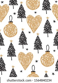 Lovely Christmas Tree Seamless Vector Pattern. Christmas Tree Vector Print. Black Trees, Gold Hearts and Bauble With White Floral Print Isolated on a White Background.Cute Hand Drawn Christmas Design.