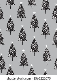 Lovely Christmas Tree Seamless Vector Pattern. Christmas Tree Vector Print. Black Trees With White Floral Print Isolated on a Gray Background. Winter Forest Art. Cute Hand Drawn Christmas Design.