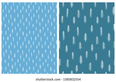 Lovely Christmas Tree Seamless Vector Pattern. Christmas Tree Vector Print. White Abstract Trees Isolated on a Blue Background. Rough Winter Forest Art. Cute Hand Drawn Christmas Tree Design.