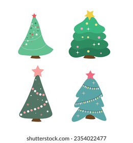 Lovely Christmas trees of different colors and sizes, in pastel colors. A set of Christmas trees.