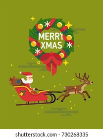 Lovely Christmas visual with traditional Xmas wreath and Santa Claus riding in red sleigh pulled by deer. Flat vector design elements on Christmas Holidays