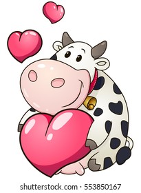 Lovely chubby cow holding heart. Valentine day holiday vector illustration.