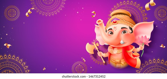 Lovely chubby Ganesha holding gulab, lotus and axe on purple mandala banner