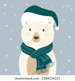 A lovely chubby white bear over snowflake background. Vector illustration for Christmas celebration concept