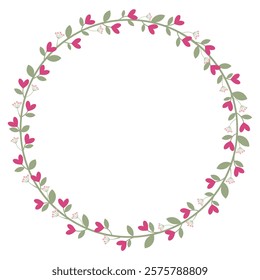 Lovely Circle Border Frame With Pink Love Flowers And Green Leaves